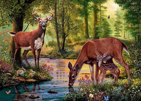 Image of Diamond painting of deer standing in a lush forest clearing.