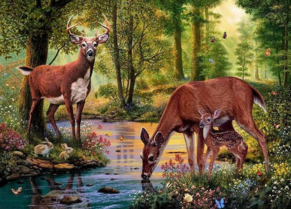 Diamond painting of deer standing in a lush forest clearing.