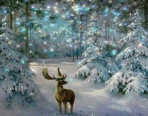 Image of Diamond painting of a deer standing in a winter wonderland forest.