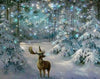 Diamond painting of a deer standing in a winter wonderland forest.