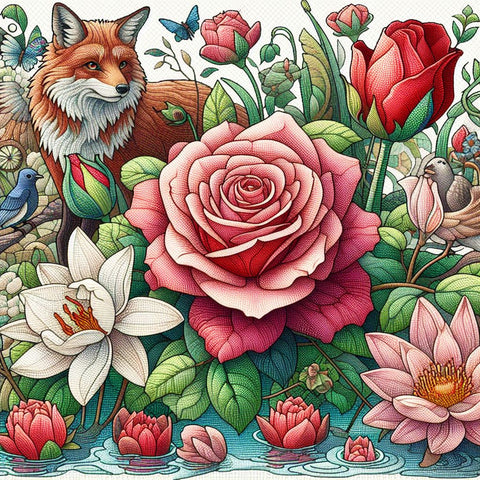 Image of Diamond painting depicting a playful fox surrounded by beautiful flowers.
