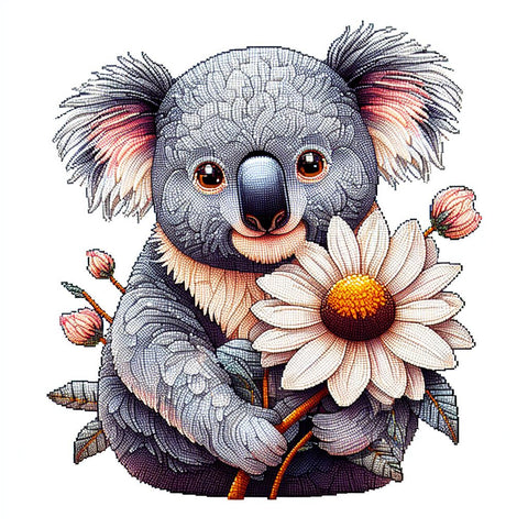 Image of Diamond painting of an adorable koala bear holding a flower in its arms.