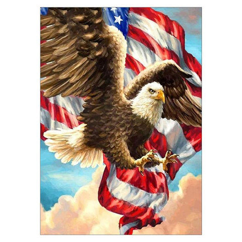 Image of Sparkling diamond art featuring a majestic bald eagle soaring over the American flag.