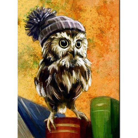 Image of Diamond painting of a barn owl wearing a hat