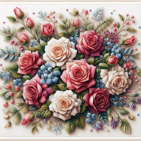 Image of Diamond painting of a vibrant floral fantasy with a bouquet of colorful flowers.