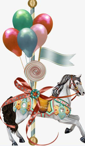 Image of Diamond painting of a whimsical carousel horse, decorated with colorful balloons and lollipops, a perfect gift for any occasion.