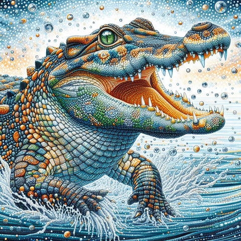 Image of Diamond painting of a playful cartoon crocodile partially submerged in water, baring its sharp teeth.