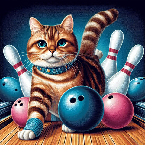 Image of Diamond painting of a mischievous cat on a bowling alley, surrounded by bowling pins and balls.