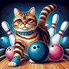 Diamond painting of a mischievous cat on a bowling alley, surrounded by bowling pins and balls.