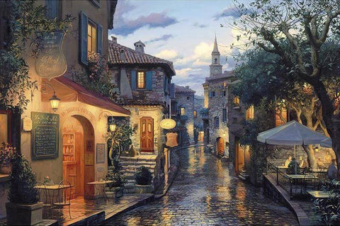 Image of diamond painting of a quaint European street at twilight