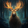 Diamond painting of a majestic deer with a luminous antlers standing in a dark forest.