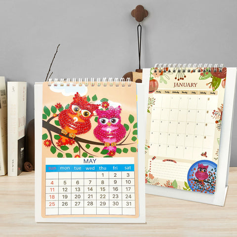 Image of 2025 desk calendar featuring owl-themed diamond painting designs for each month, a unique DIY craft and organizational tool