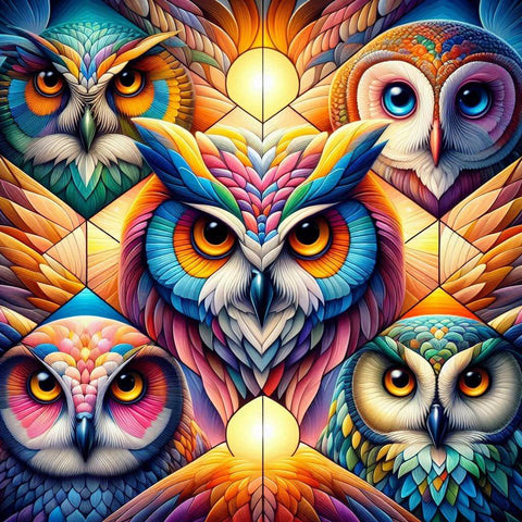 Image of Diamond Painting: Close-Up of Colorful Owls