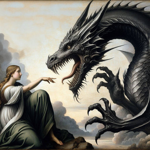 Image of diamond painting of a dragon and princess fantasy artwork