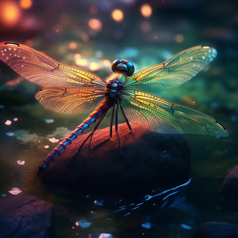 Image of Diamond painting of a vibrant blue dragonfly perched on a rock near water.