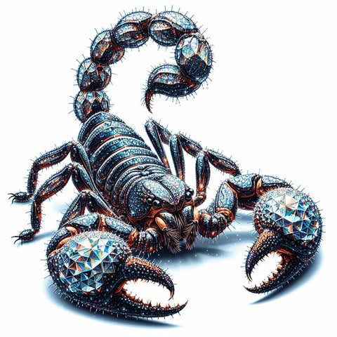 Image of Diamond painting of an emperor scorpion with a diamond-shaped pattern on its back, raising its claws in a threatening posture.