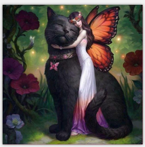 Image of Diamond Painting of a Fairy Hugging Black Cat