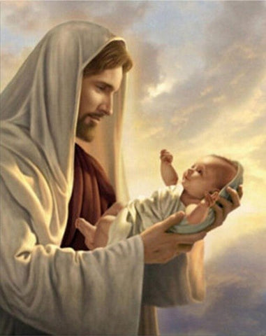 Image of diamond painting of Jesus Christ holding a baby
