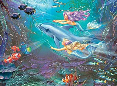 Diamond painting of a dolphin swimming alongside mermaids and colorful fish. 