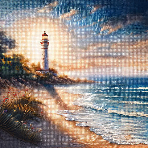 Image of Diamond painting of a lighthouse on a rocky coastline at sunset with crashing waves.