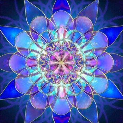 Image of Diamond painting mandala in shades of blue, purple, and green.