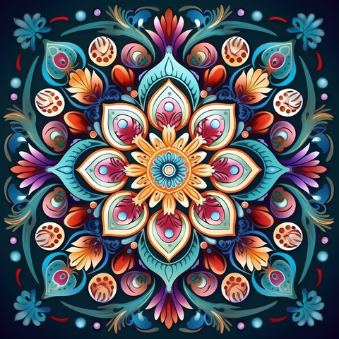 Image of Diamond painting mandala featuring a floral design with blue feathers.