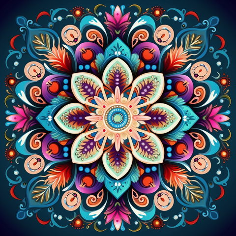 Image of Diamond painting mandala featuring a floral design with pink and teal feathers.