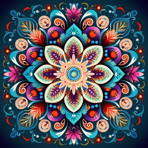 Diamond painting mandala featuring a floral design with pink and teal feathers.