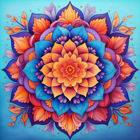 Image of Diamond painting mandala featuring an orange and blue floral design.