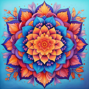 Diamond painting mandala featuring an orange and blue floral design.