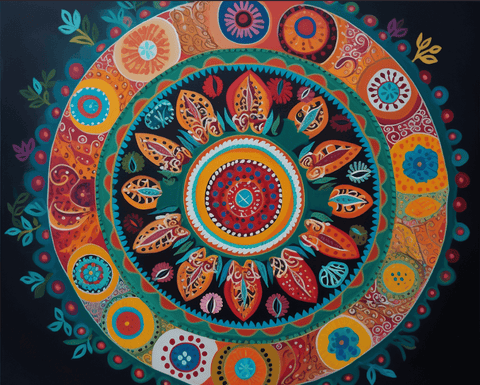 Image of Diamond painting mandala featuring a floral design in shades of purple and green.