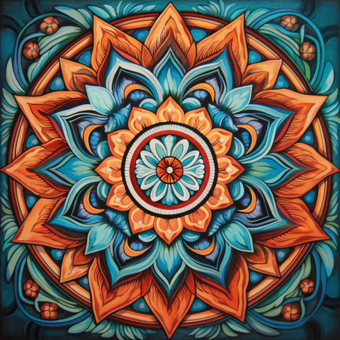 Image of Diamond painting mandala with a geometric design in shades of blue.