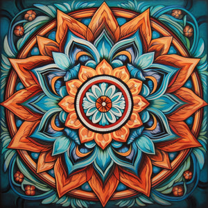 Diamond painting mandala with a geometric design in shades of blue.