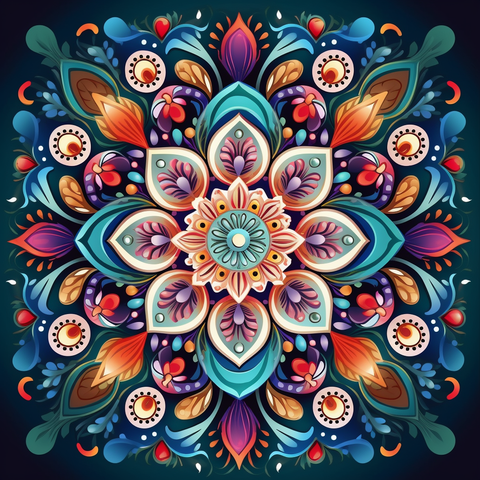 Image of Diamond painting mandala featuring a pink and purple floral design on a black background.