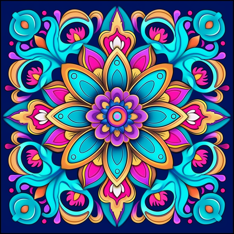 Image of Diamond painting mandala featuring a pink and purple geometric starburst design.