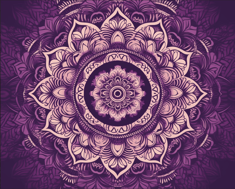 Image of Diamond painting mandala with a symmetrical floral design in shades of purple and white.