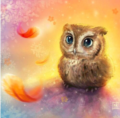 Image of Diamond painting of a brown owl molting feathers with scattered feathers around it.