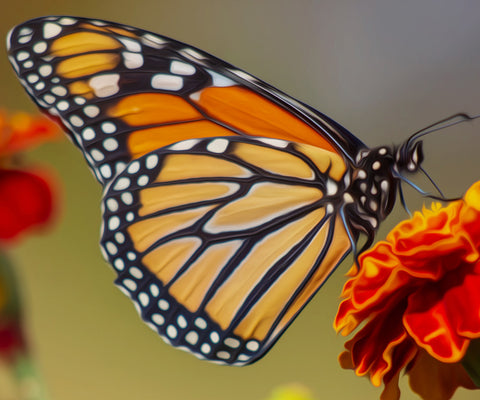 Image of diamond painting of a monarch butterfly on a marigold flower