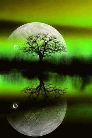Image of diamond painting of a tree and moon reflected in a lake