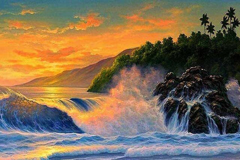 Image of Diamond painting of a peaceful sunset over the ocean. The sky is ablaze with vibrant orange, pink, and purple hues.