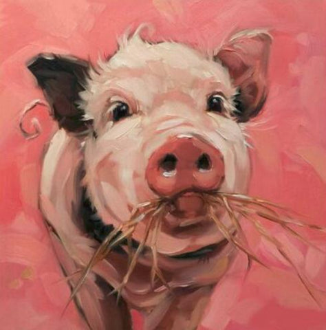 Image of diamond painting of a pig eating grass