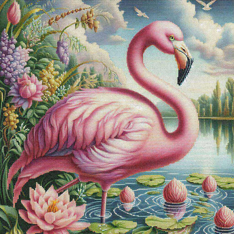 Image of Diamond Painting: Elegant Pink Flamingo in Floral Garden