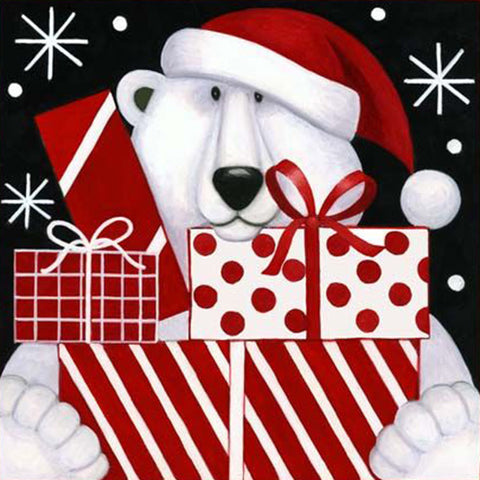 Image of diamond painting of a polar bear with Christmas gifts