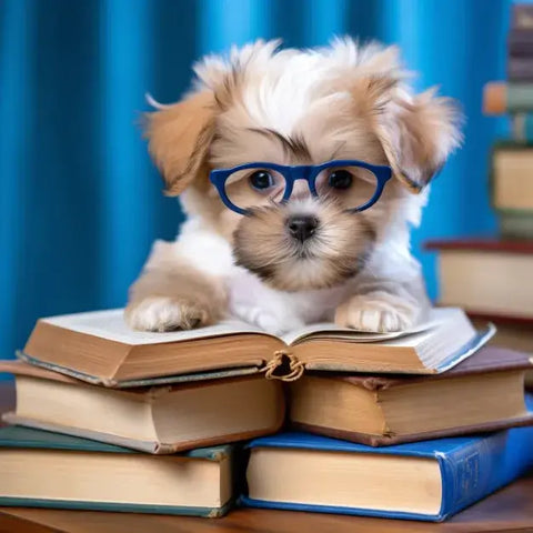 Image of diamond painting of a puppy wearing glasses and reading a book
