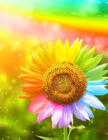 Image of diamond painting of a rainbow sunflower
