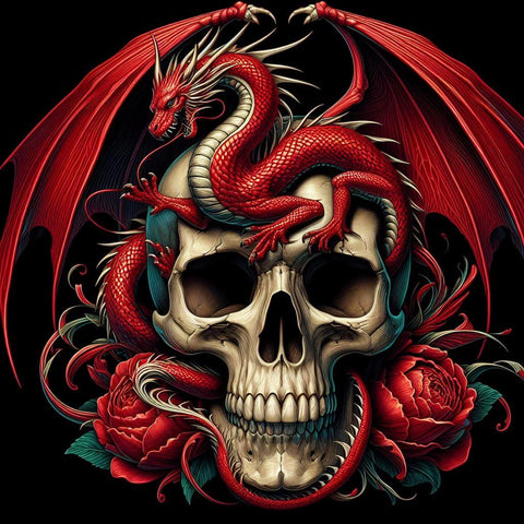 Image of Diamond painting of a red dragon perched on a skull.