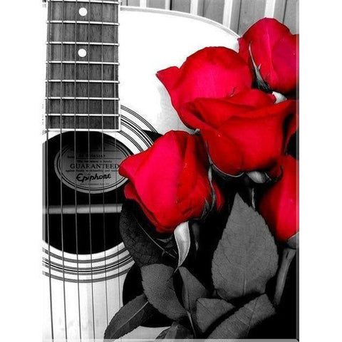 Image of diamond painting of red roses and a guitar