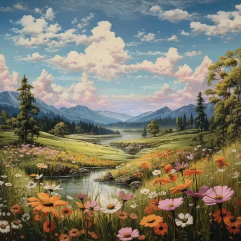 Image of Diamond painting of a colorful spring landscape with a river flowing through a meadow filled with flowers.
