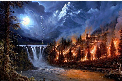 Image of diamond painting of a dramatic mountain landscape with a thunderstorm, fire, and waterfall