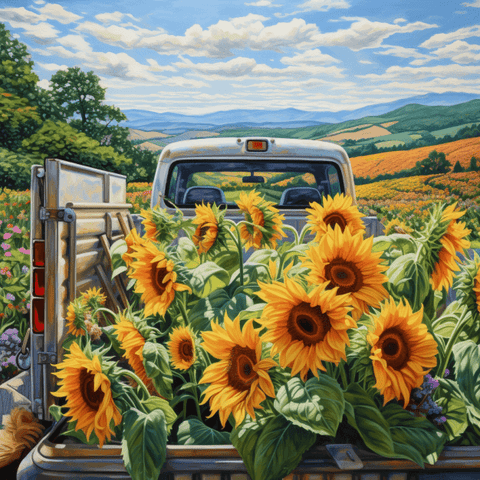 Image of diamond painting of a truck full of sunflowers in a field